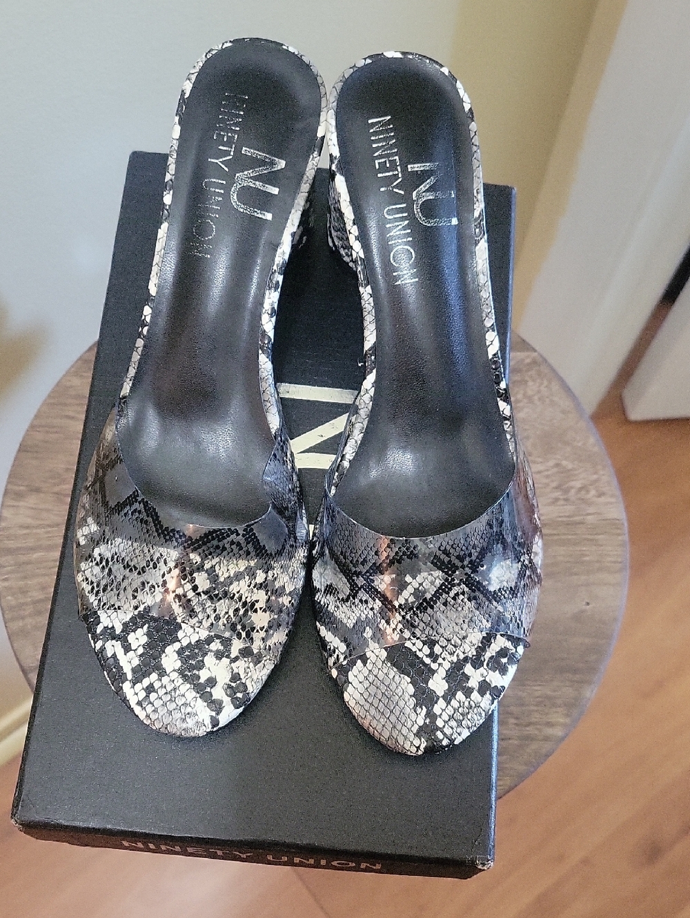 Ninety Union Snake-Print Slide Heels in Black/White